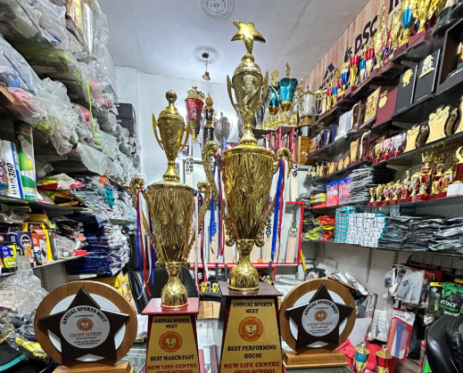 Beautifully crafted gold trophies and wooden awards by RR Sports for school annual sports meet.